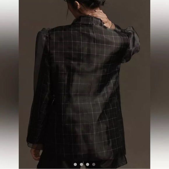 NWT By Anthropologie Tulle Overlay Plaid Blazer‎ Navy size Large - Picture 3 of 8
